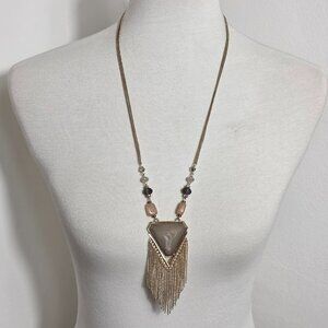 INC Boho-Style Long Necklace Triangular Stone-Like Pendant Metal Tassel Fringe